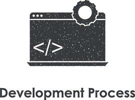 laptop, coding, development process vector icon illustration with stamp effect