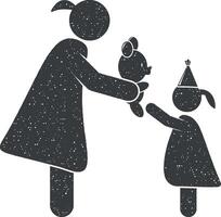 parents give a gift to a child vector icon illustration with stamp effect
