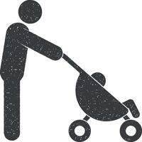 father with a stroller vector icon illustration with stamp effect