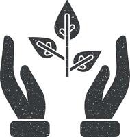 Hands, leaf, protect vector icon illustration with stamp effect