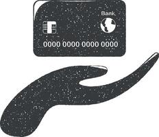 hand holds a credit card vector icon illustration with stamp effect