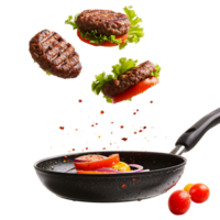 AI generated Homemade burger flying in a frying pan isolated on transparent background png