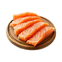 AI generated Fresh raw salmon pieces on wooden board with transparent background png