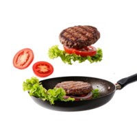 ai gegenereerd eigengemaakt hamburger vliegend in een frituren pan geïsoleerd Aan transparant achtergrond png