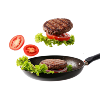 AI generated Homemade burger flying in a frying pan isolated on transparent background png