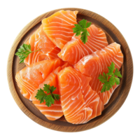 AI generated Fresh raw salmon pieces on wooden board with transparent background png