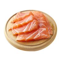 AI generated Fresh raw salmon pieces on wooden board with transparent background png