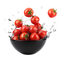 AI generated Fresh tomatoes flying in bowl isolated on transparent background png