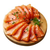 AI generated Fresh raw salmon pieces on wooden board with transparent background png