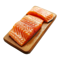 AI generated Fresh raw salmon pieces on wooden board with transparent background png