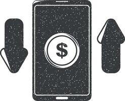 dollar sign and arrows on a smart phone vector icon illustration with stamp effect