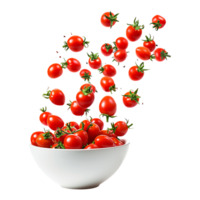 ai gerado fresco tomates vôo dentro tigela isolado em transparente fundo png