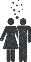 hugging couple and hearts vector icon illustration with stamp effect