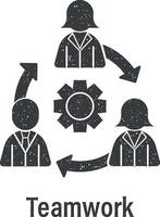 Team work, gear, team, users vector icon illustration with stamp effect