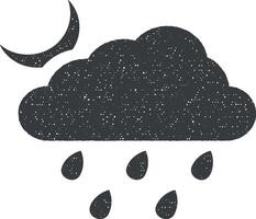 Crescent, rainy weather, cloud, rain vector icon illustration with stamp effect