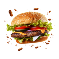 AI generated Homemade burger flying isolated on transparent background png