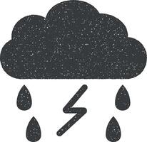 Lightning, rain, cloudy weather vector icon illustration with stamp effect