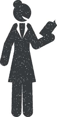 businesswoman, analytic icon vector illustration in stamp style