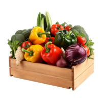 AI generated Wooden box fresh vegetables isolated on transparent background png