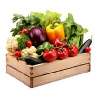 AI generated Wooden box fresh vegetables isolated on transparent background png