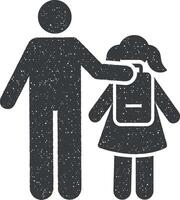 Father girl school walk way pictogram icon vector illustration in stamp style