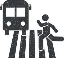 Man bus way running pictogram icon vector illustration in stamp style