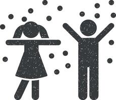 Snow, boy, girl, snowflake icon vector illustration in stamp style