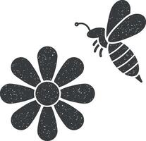 abeja, flor icono vector ilustración en sello estilo