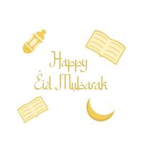 happy eid mubarak greetings, lantern, moon with book illustration vector