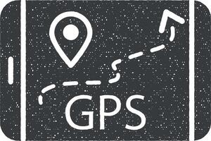 Tablet GPS location icon vector illustration in stamp style