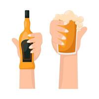 bottle alcohol with glass alcohol drink in hand illustration vector