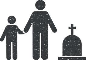 hombre niño funeral dolor icono vector ilustración en sello estilo