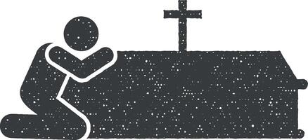 Man weep coffin dead sorrow icon vector illustration in stamp style