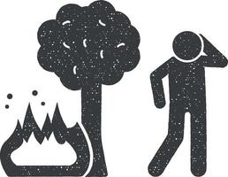 Tree, fire, man icon vector illustration in stamp style