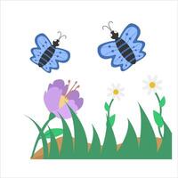 butterfly in flower with grass illustration vector