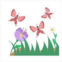 mariposa en flor con césped ilustración vector
