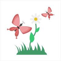 butterfly, flower with grass illustration vector