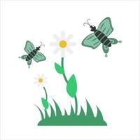 butterfly, flower with grass illustration vector