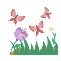 butterfly, flower with grass illustration vector