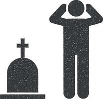 hombre funeral llorar dolor icono vector ilustración en sello estilo