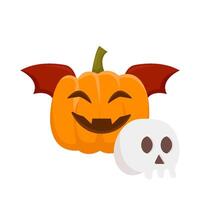 pumpkin halloween bat with skull illustration vector