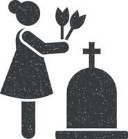 Woman dead funeral sorrow flower icon vector illustration in stamp style