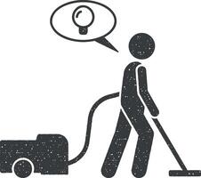 Man have idea during using vacuum cleaner icon vector illustration in stamp style