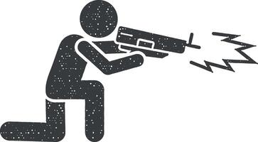 hombre pistola disparar icono vector ilustración en sello estilo