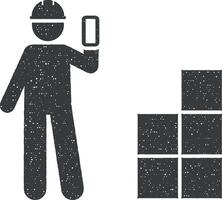 Man, worker, phone, box icon vector illustration in stamp style