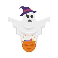 ghost with bucket candy pumpkin illustration vector