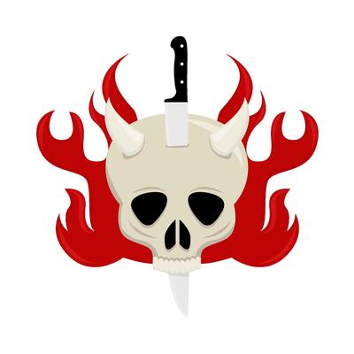 knife in skull with fire illustration