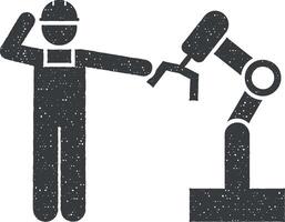 Man, engineer, industry, worker, robot icon vector illustration in stamp style