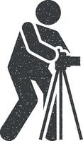 fotógrafo, hombre, periodista, cámara pictograma icono vector ilustración en sello estilo