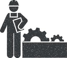 Mechanism, wrench, cogwheel, man, job icon vector illustration in stamp style